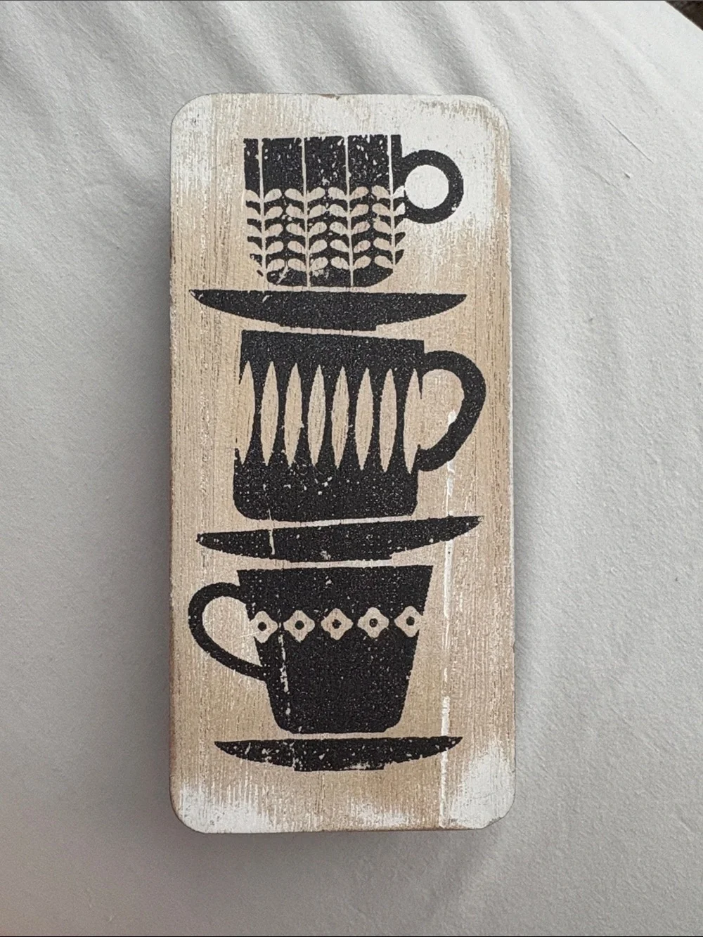 Rustic Stacked Teacups Wall Plaque - Black with White Background